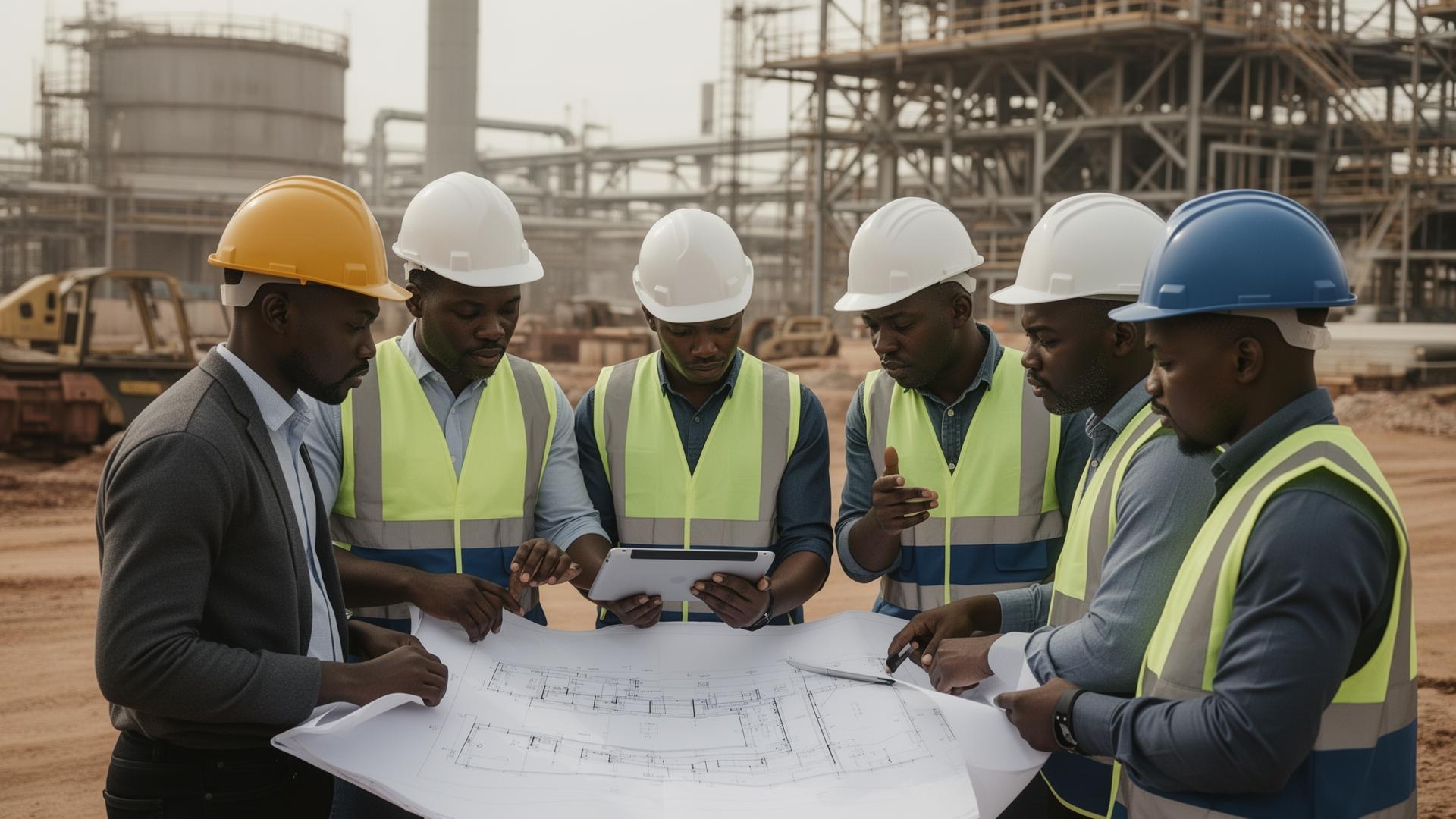 Team of engineers and project managers collaborating on plans at a construction site