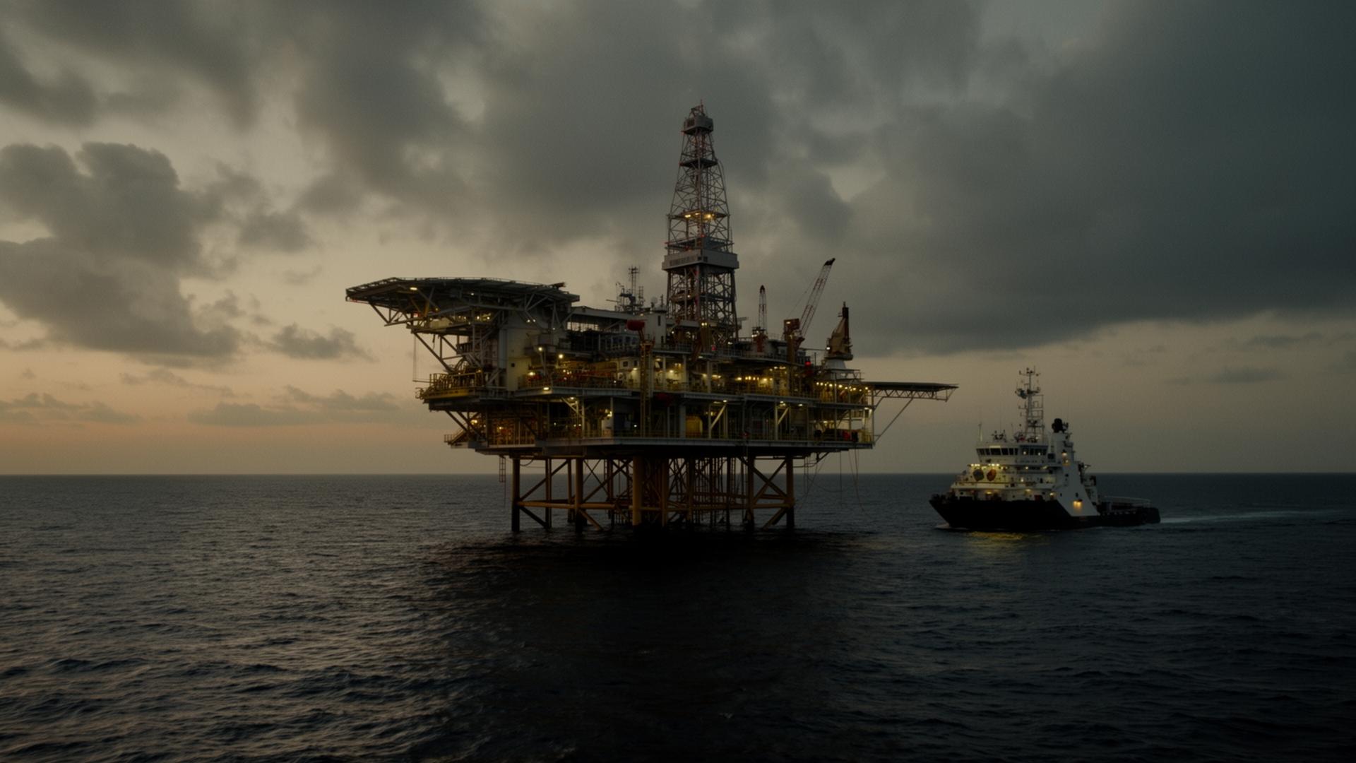 Offshore platform and support vessel at dusk