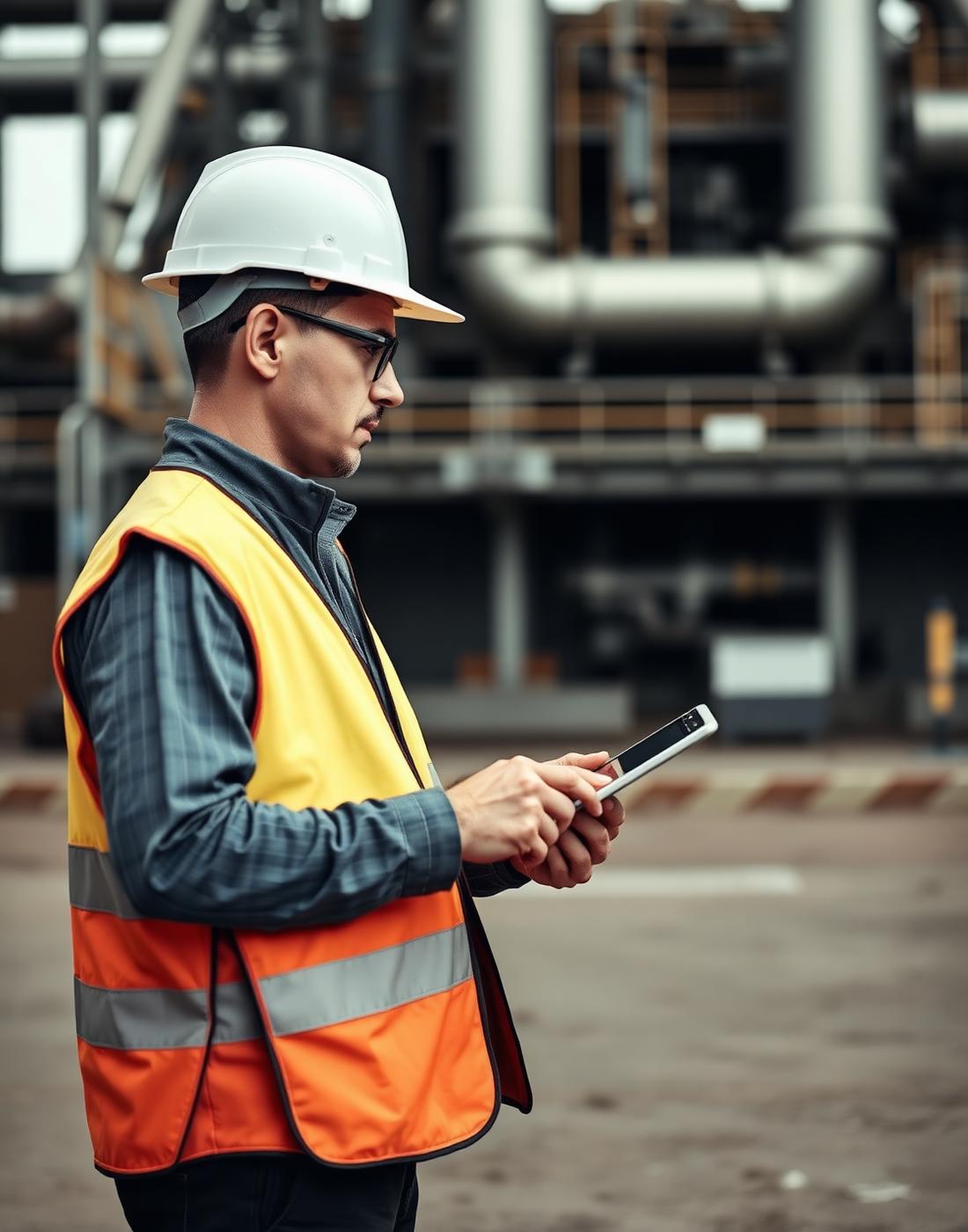 Engineer in safety gear reviewing a tablet at an industrial site